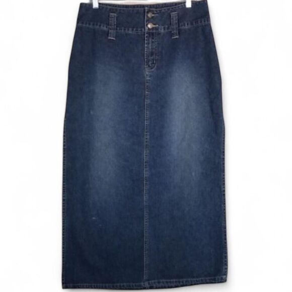 Vintage 90’s Dark wash Cotton Denim Maxi Skirt W/Double buttons & Side Slits. - Picture 1 of 8